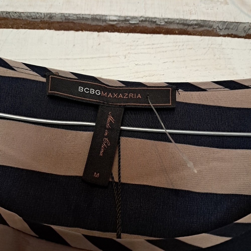 BCBGMAXAZRIA Giovanna Tan And Navy Stripped Silk Dress Size Medium NWT - Picture 8 of 9